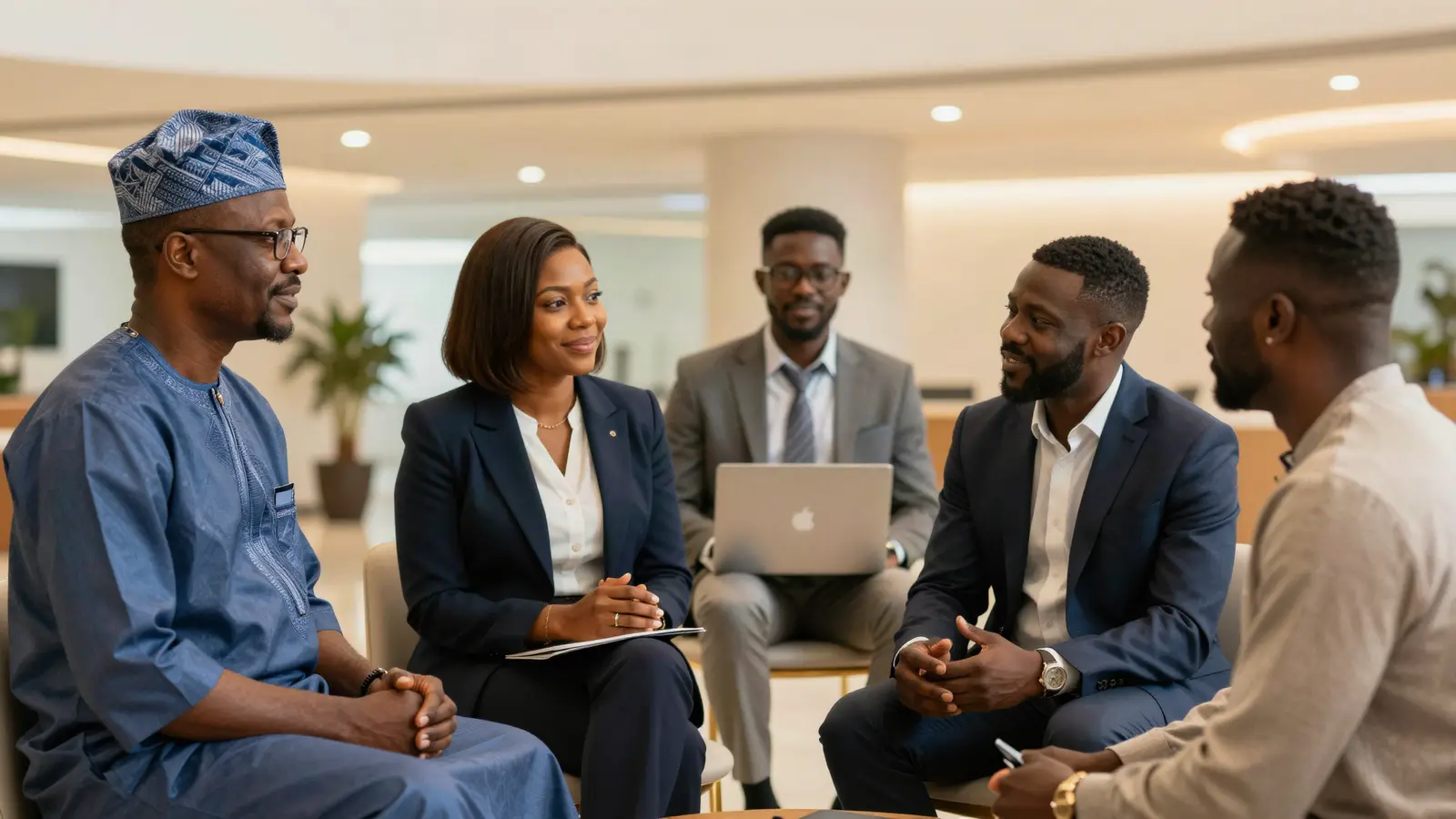 AI-generated illustration: Nigerian leaders in conversation in a bright lounge, an official in agbada and a cap beside business executives and a young founder