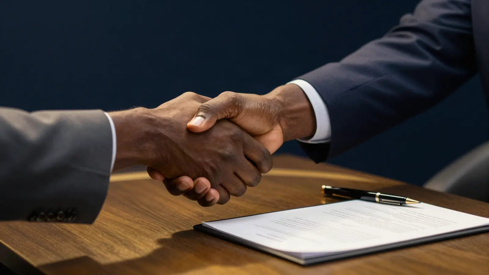 AI-generated illustration: a close-up handshake between two executives over a signed document and a fountain pen