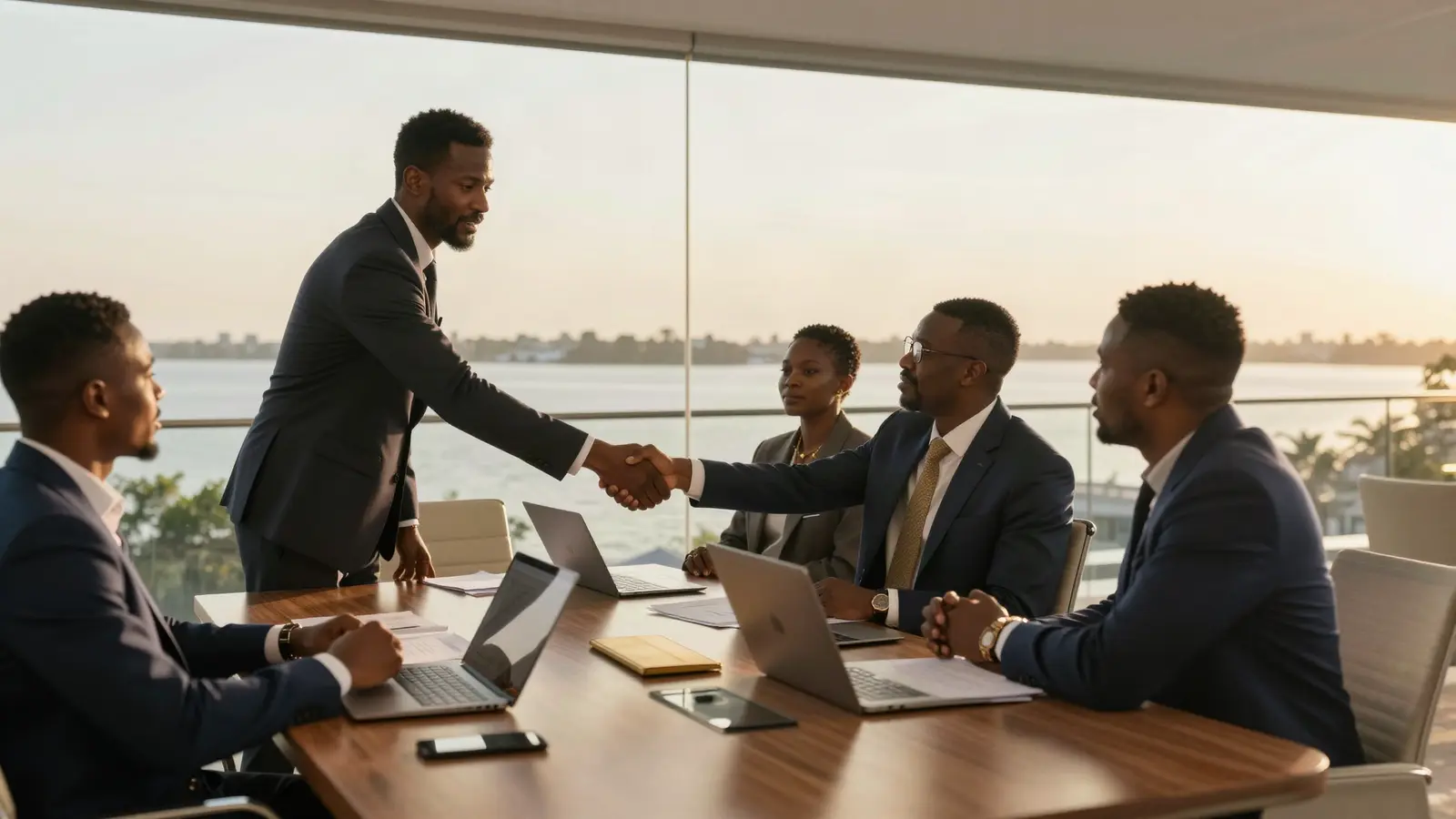 AI-generated illustration: investors and founders shaking hands across a meeting table in a glass room overlooking the Lagos lagoon at sunset