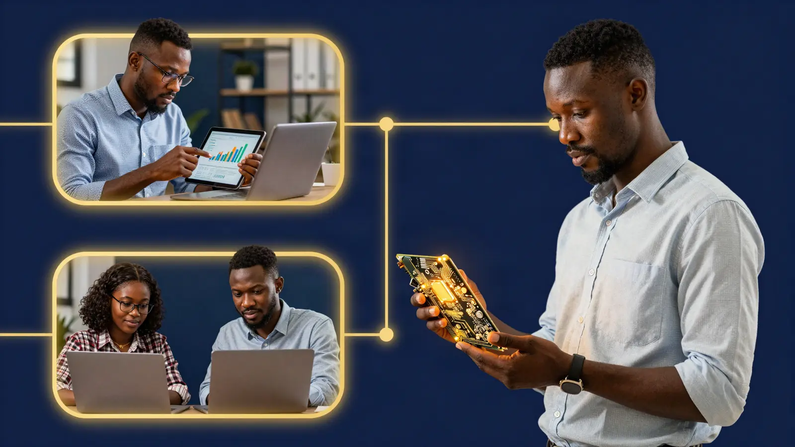 AI-generated illustration: an investor reading growth charts on a tablet, two young professionals at laptops and an engineer holding a glowing circuit board, joined by gold lines